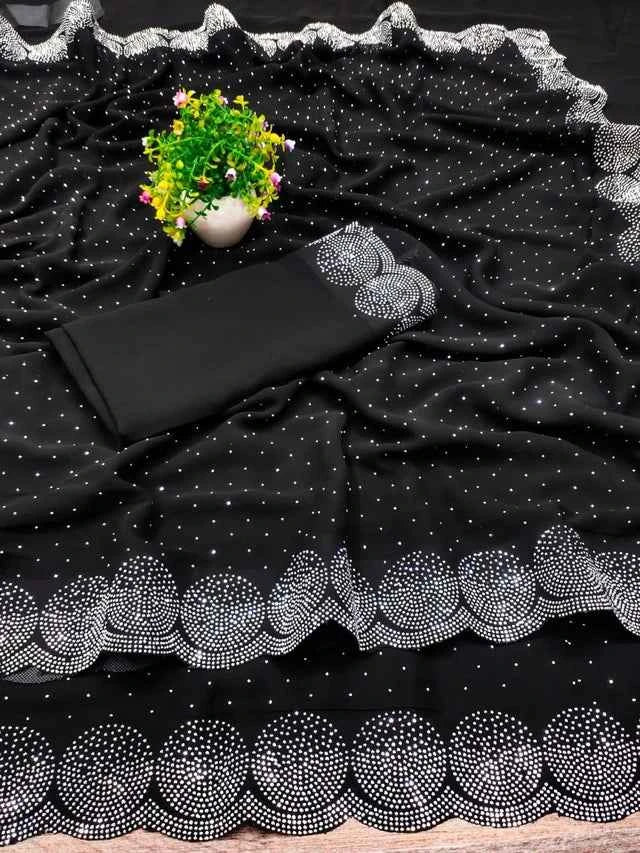 Navy Blue Georgette Embellished Saree - Elegant Traditional Wear for Women (6.3m)