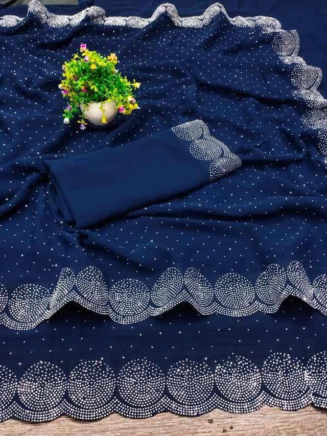 Navy Blue Georgette Embellished Saree - Elegant Traditional Wear for Women (6.3m)