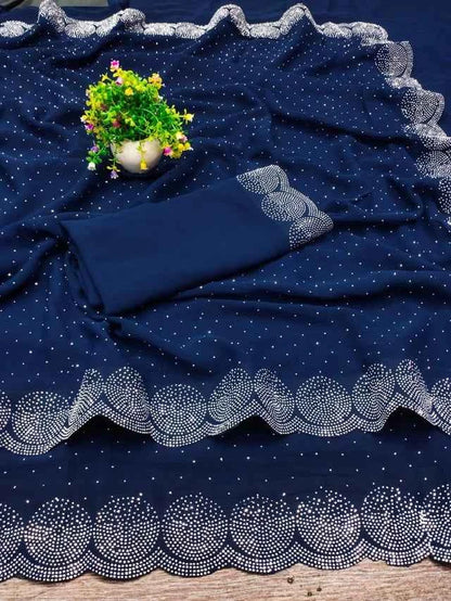 Navy Blue Georgette Embellished Saree - Elegant Traditional Wear for Women (6.3m)