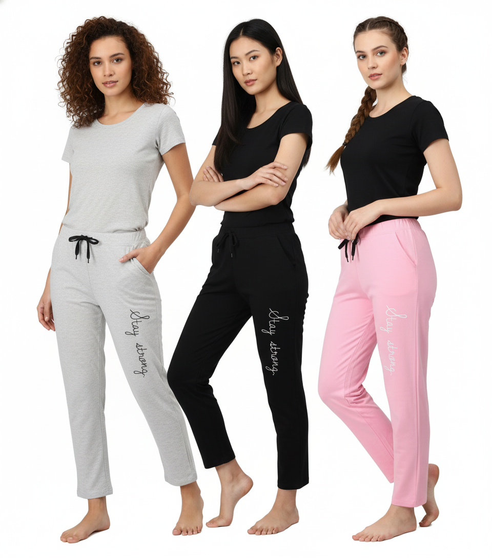 Three women wearing gray, black, and pink pajama sets with a visible brand name on a white background.