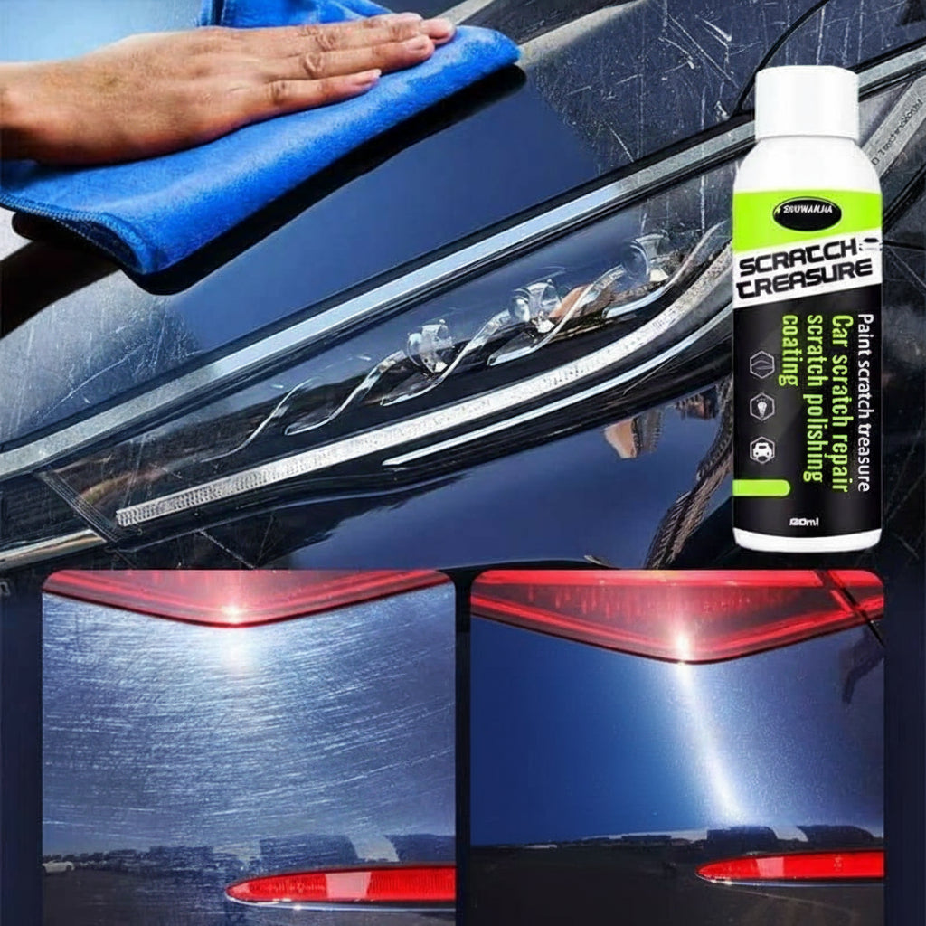 Car scratch repair product with a car surface showing scratches and a hand using a blue towel.