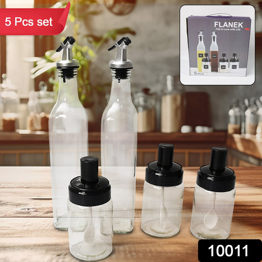 Glass Oil Dispenser 500ml (Set of 2) & Spice Jar 250ml (Set of 3) - 5 Piece Kitchen Storage Set