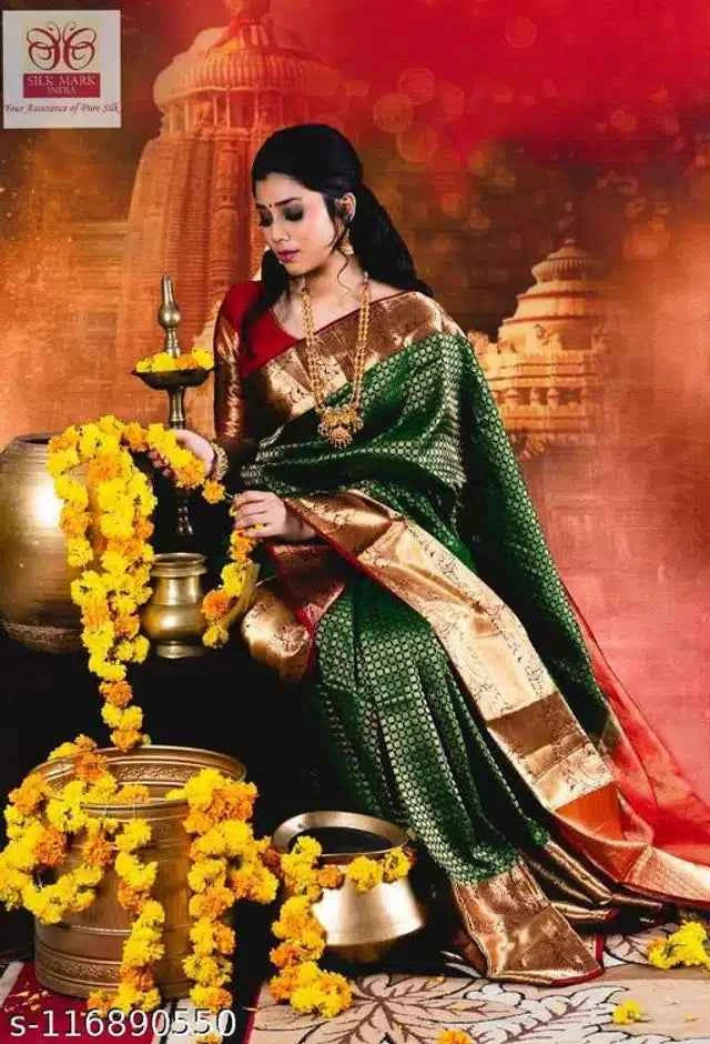 Luxurious Green Jacquard Saree with Blouse Piece (6.3M) - Festive & Party Wear