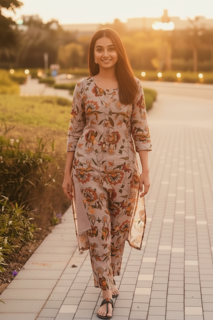 Cotton Printed Kurti with Pant Set for Women - Multicolor Ethnic Wear (Size S)