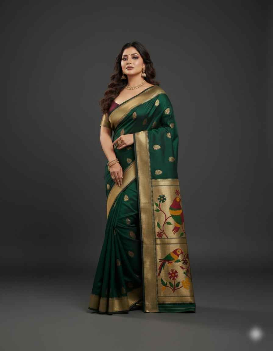 Women's Festive Green Jacquard Woven Saree with Attached Blouse Material | Green, 6.3M