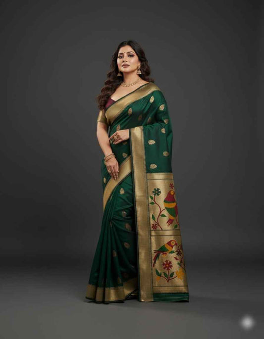 Women's Festive Green Jacquard Woven Saree with Attached Blouse Material | Green, 6.3M