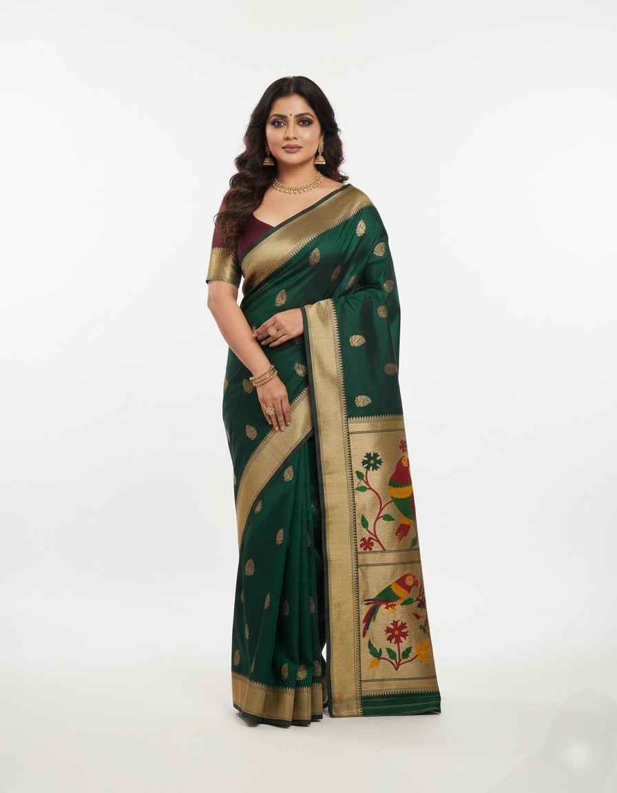 Women's Festive Green Jacquard Woven Saree with Attached Blouse Material | Green, 6.3M