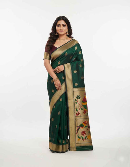 Women's Festive Green Jacquard Woven Saree with Attached Blouse Material | Green, 6.3M
