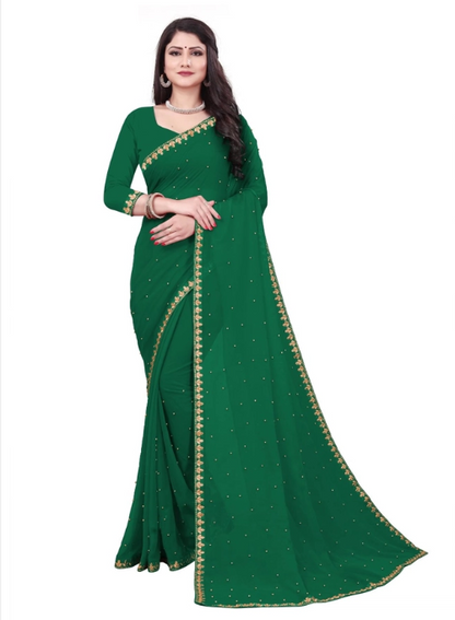 Green saree with gold border worn by a model on a white background