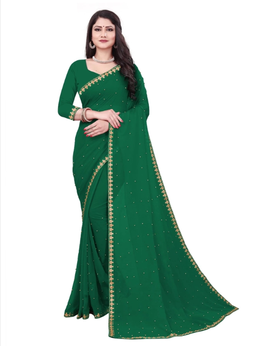 Green saree with gold border worn by a model on a white background
