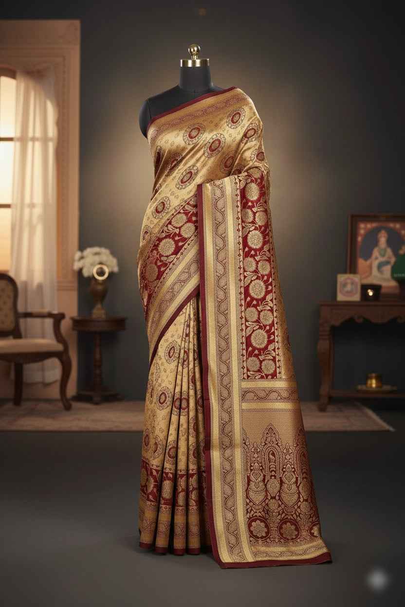 Elegant Golden & Dark Red Banarasi Silk Saree with Blouse - Premium Handloom Wedding Wear