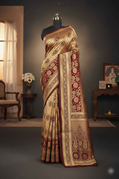 Elegant Golden & Dark Red Banarasi Silk Saree with Blouse - Premium Handloom Wedding Wear