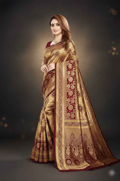 Elegant Golden & Dark Red Banarasi Silk Saree with Blouse - Premium Handloom Wedding Wear