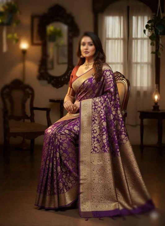 Premium Banarasi Silk Saree with Blouse Piece - Traditional Yellow Wedding Saree (6.3M)