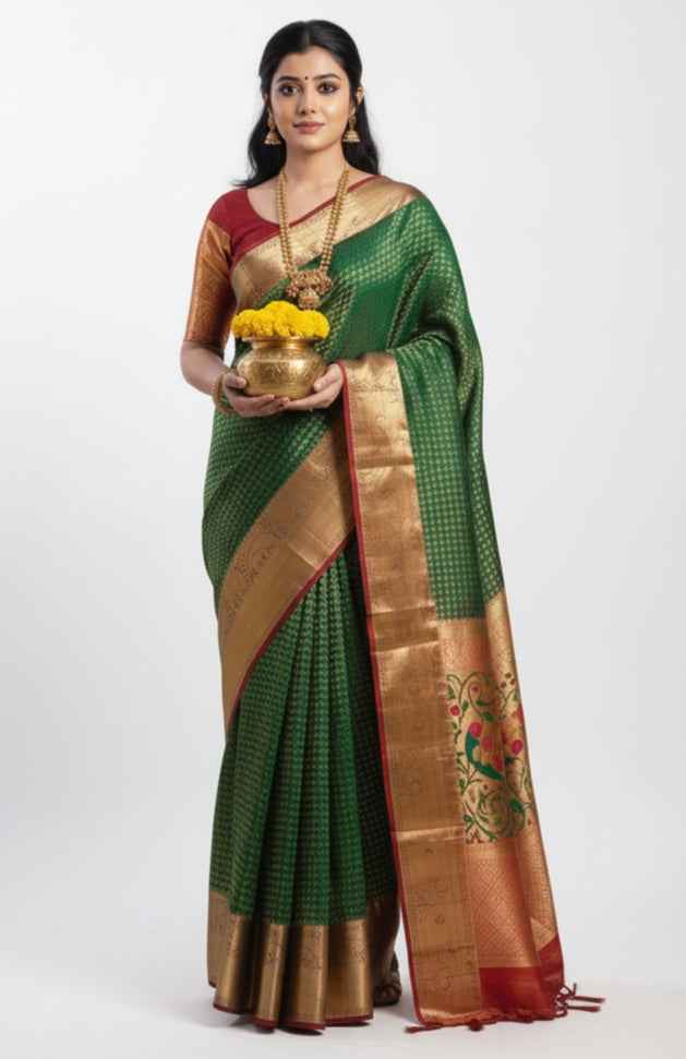 Luxurious Green Jacquard Saree with Blouse Piece (6.3M) - Festive & Party Wear
