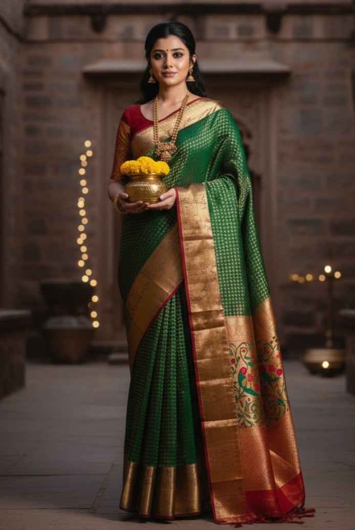 Luxurious Green Jacquard Saree with Blouse Piece (6.3M) - Festive & Party Wear