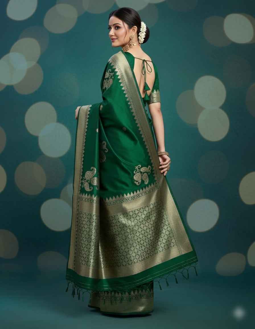 Elegant Green Banarasi Silk Saree with Blouse - Premium Handloom Wedding Wear