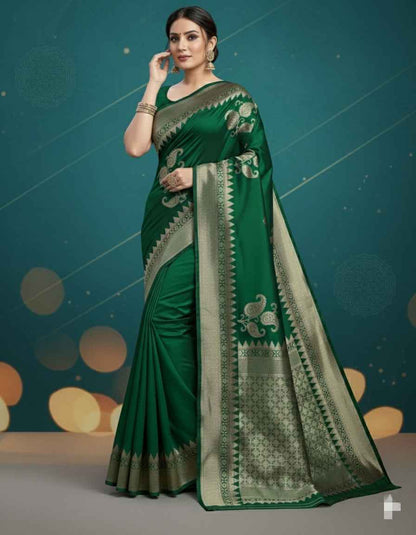 Elegant Green Banarasi Silk Saree with Blouse - Premium Handloom Wedding Wear