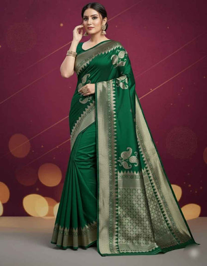 Elegant Green Banarasi Silk Saree with Blouse - Premium Handloom Wedding Wear