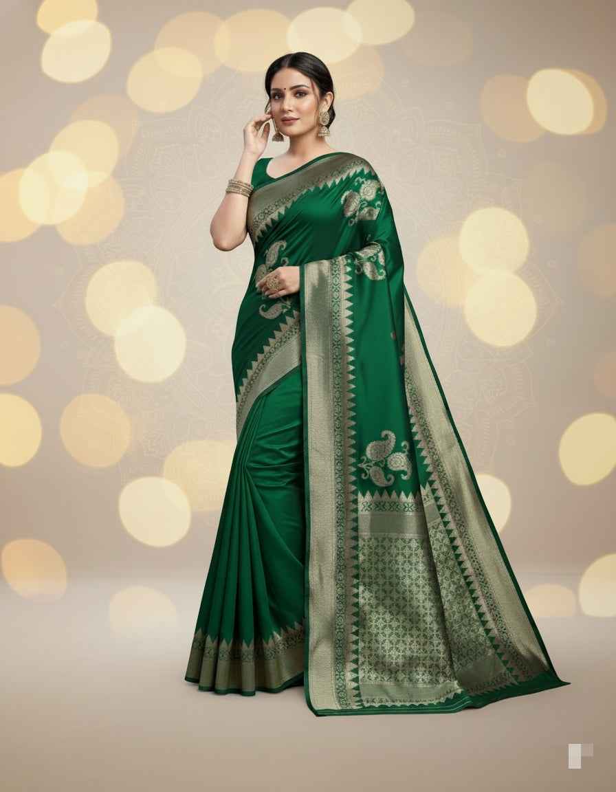 Elegant Green Banarasi Silk Saree with Blouse - Premium Handloom Wedding Wear
