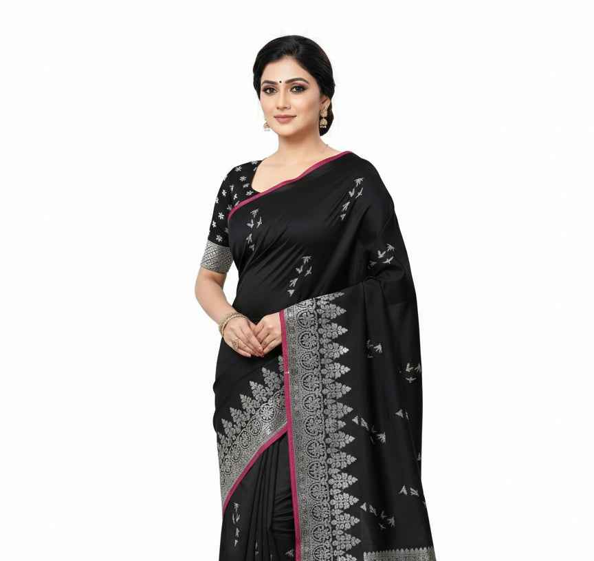 Premium Black Jacquard Saree with Blouse - Traditional Indian Ethnic Wear