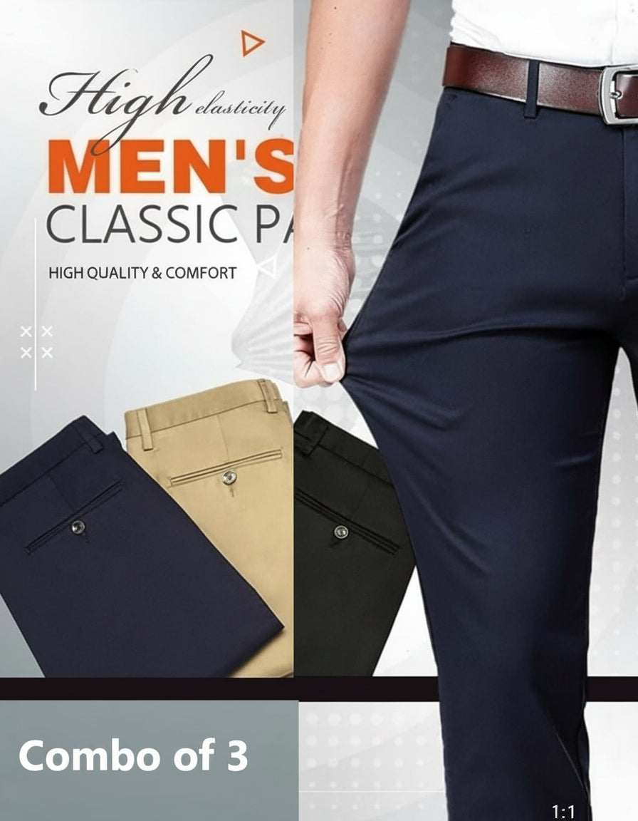 Men's High Elasticity Classic Pants - Comfortable Stretch Trousers (Pack of 3)