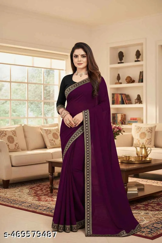 Premium Lycra Blend Solid Black Saree with Blouse - Modern Comfortable Saree (6.3M)