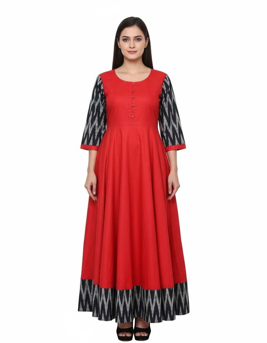 Women's Solid Cotton Gown - Traditional Red Ethnic Wear