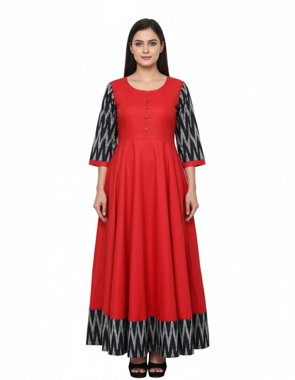 Women's Solid Cotton Gown - Traditional Red Ethnic Wear