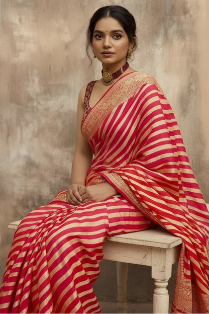 Premium Red Jacquard Striped Saree with Blouse Piece - Traditional Ethnic Wear (6.3M)