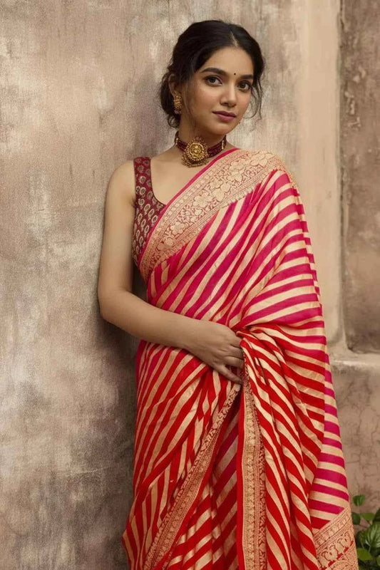 Premium Red Jacquard Striped Saree with Blouse Piece - Traditional Ethnic Wear (6.3M)