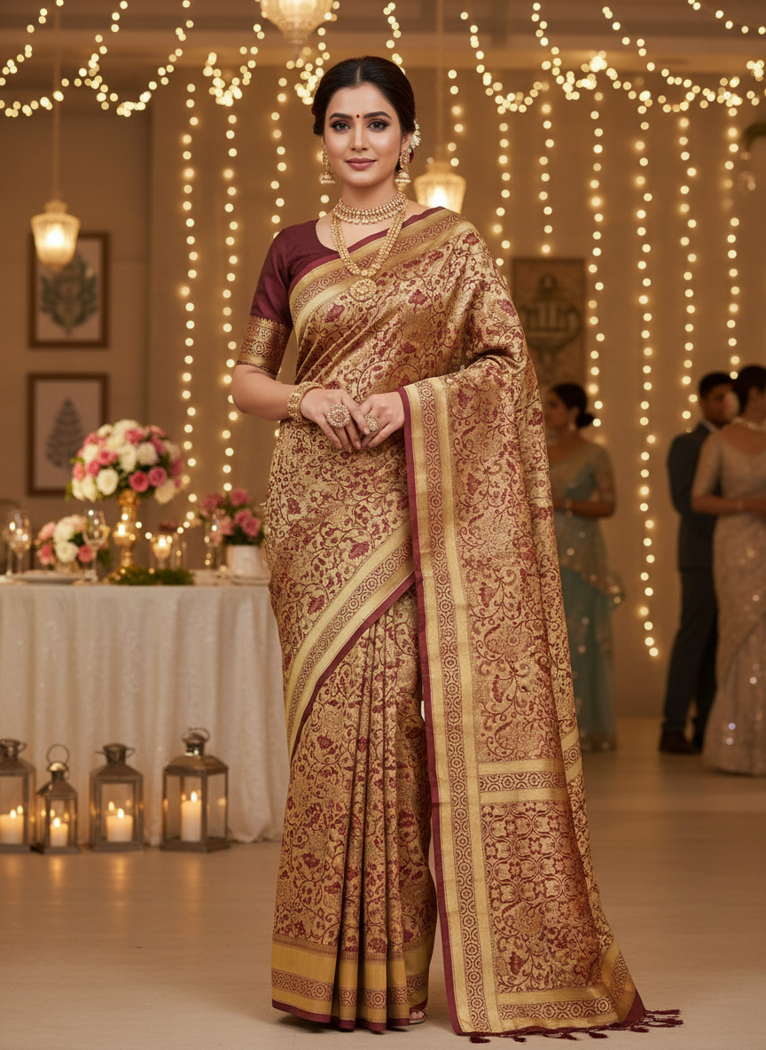 Premium Banarasi Silk Saree with Blouse - Golden & Dark Red Wedding Saree (6.3M)