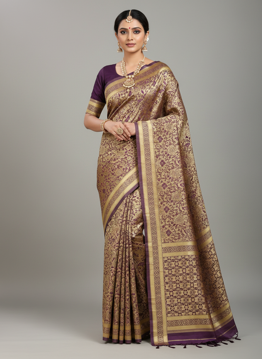 Premium Banarasi Silk Saree with Blouse - Golden & Dark Red Wedding Saree (6.3M)