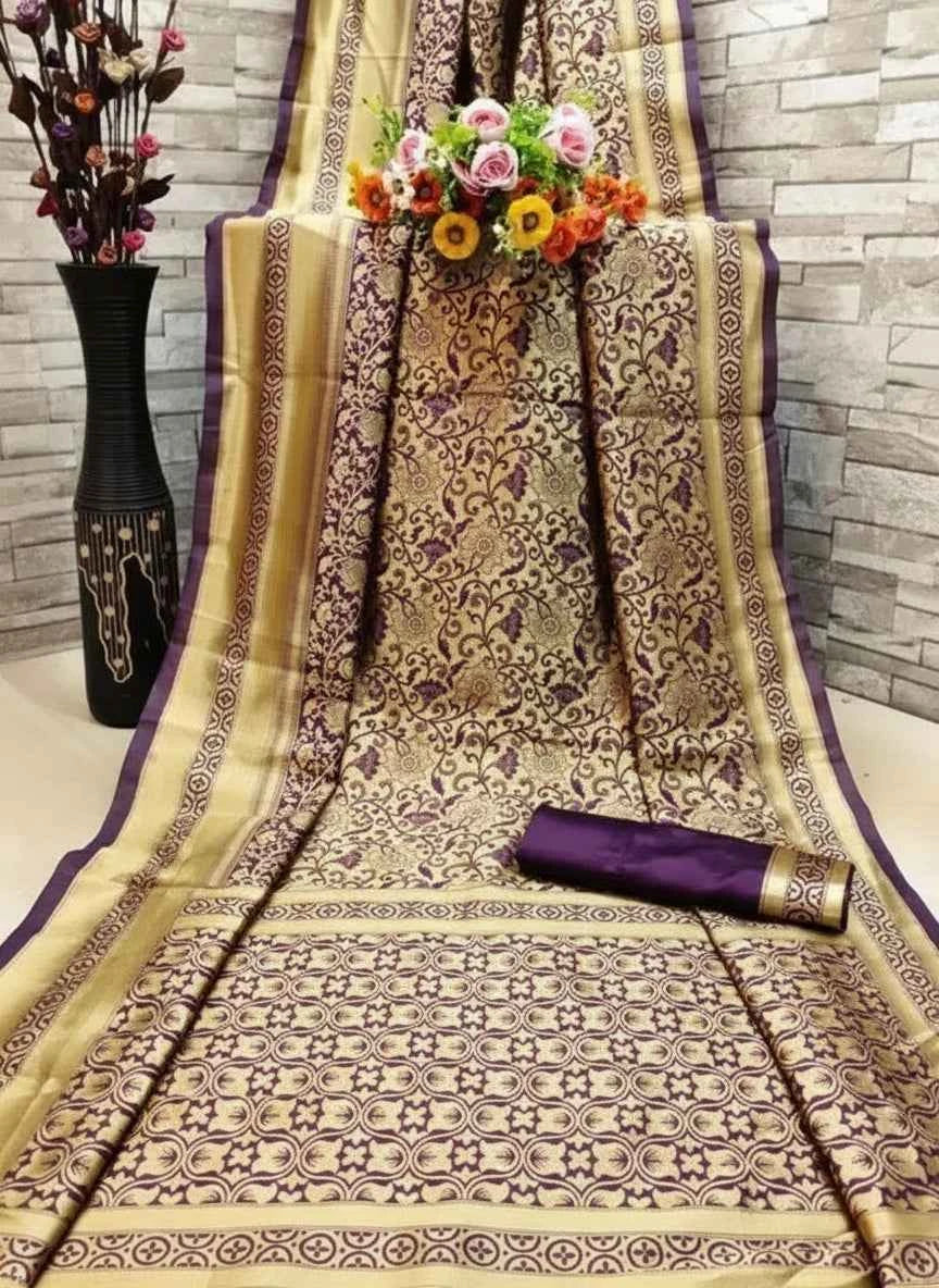 Premium Banarasi Silk Saree with Blouse - Golden & Dark Red Wedding Saree (6.3M)