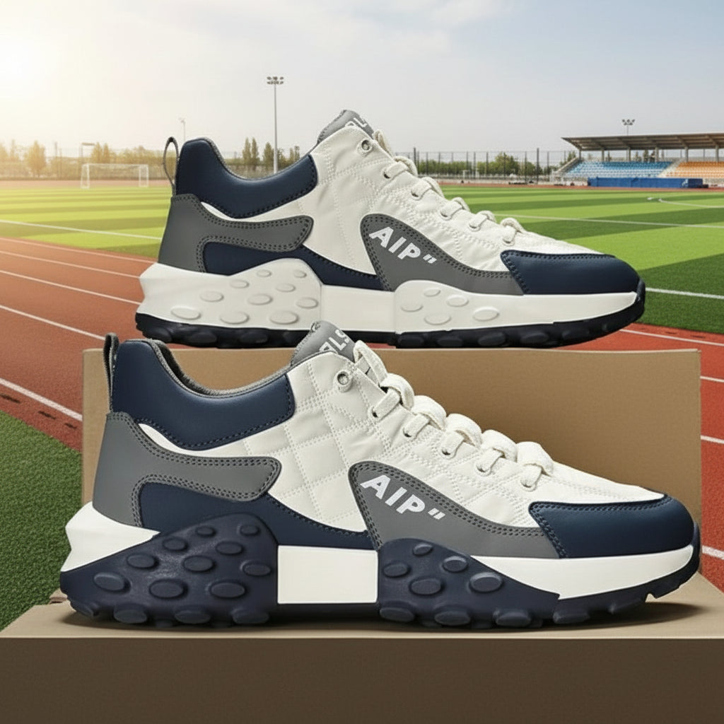 Pair of white, navy, and gray sneakers on a cardboard box with a dark background.