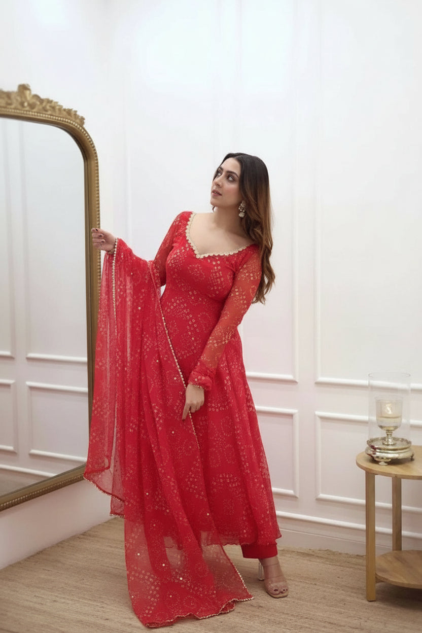 Red Bandhani Style Gown for Women - Traditional Ethnic Party Wear