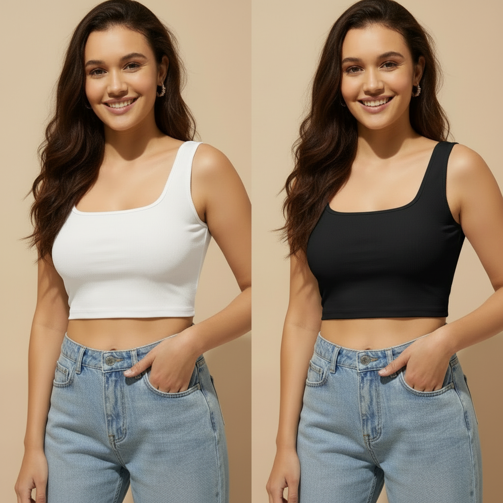 Women's Cotton Blend Solid Tops - White & Black Pack of 2 (Size S)