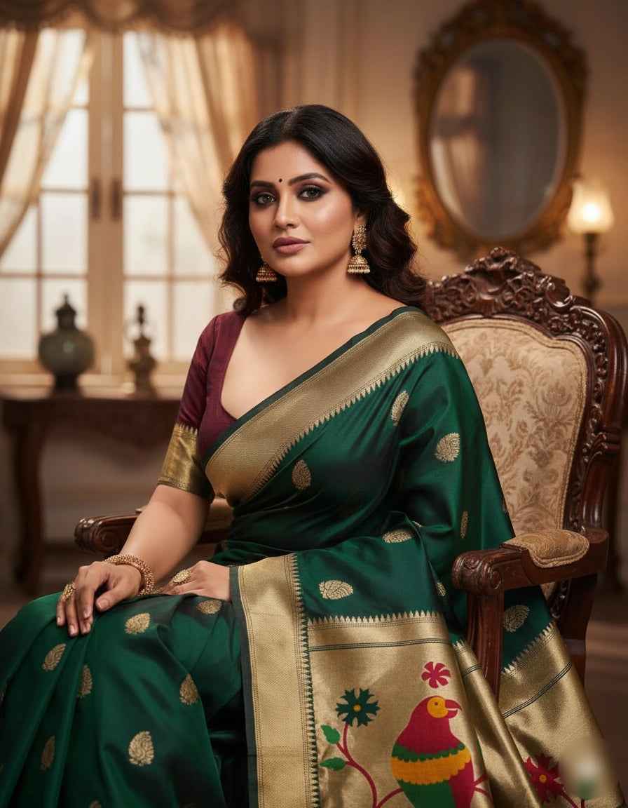 Women's Festive Green Jacquard Woven Saree with Attached Blouse Material | Green, 6.3M