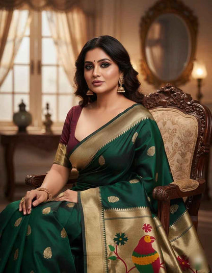 Women's Festive Green Jacquard Woven Saree with Attached Blouse Material | Green, 6.3M