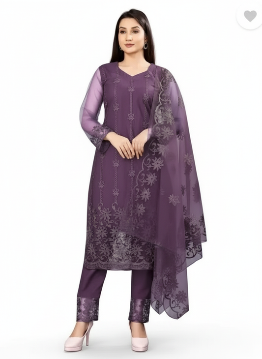 Women's Cotton Kurti Set with Dupatta and Palazzo - 3 Piece Ethnic Dress Purple