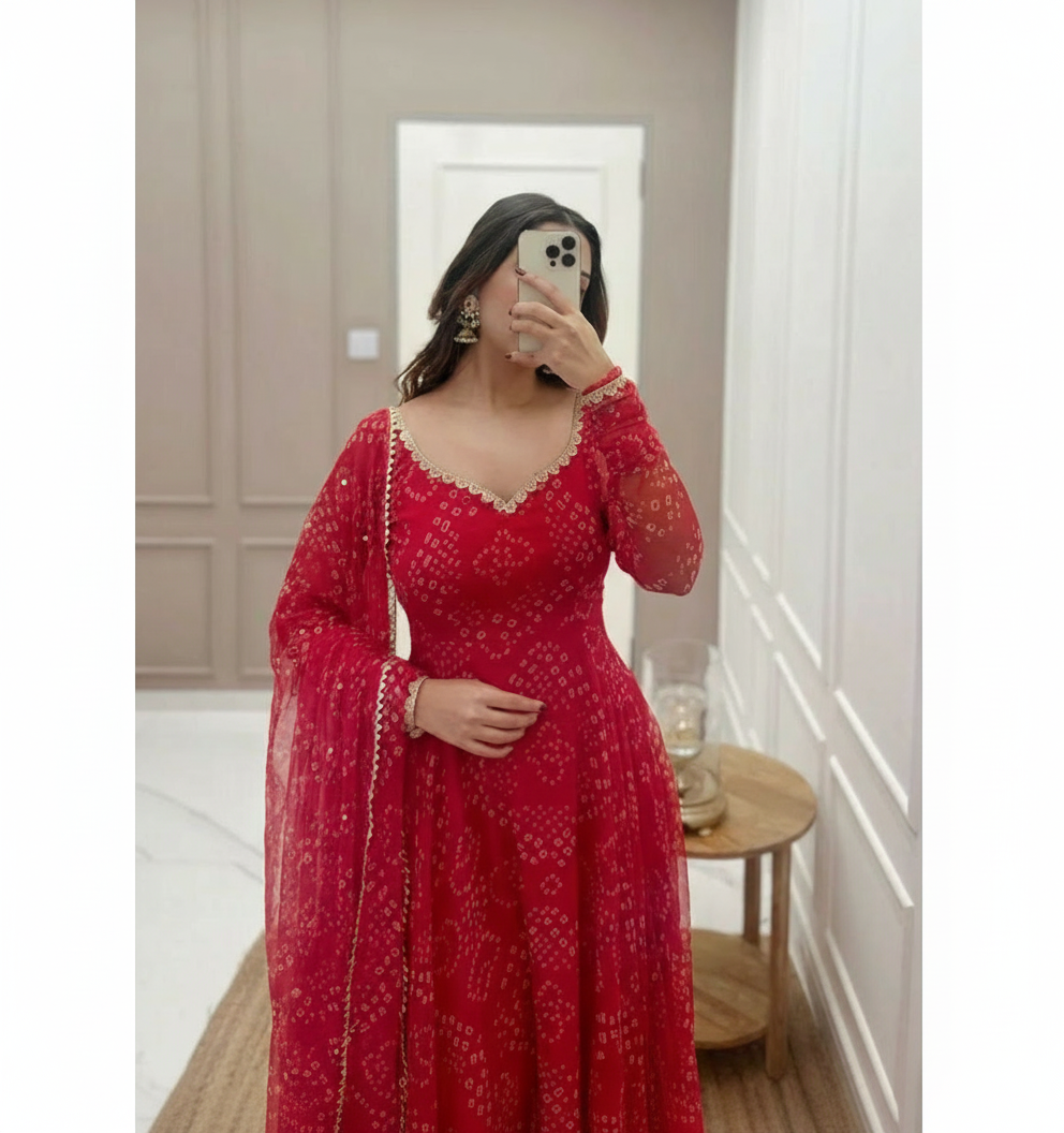 Red Bandhani Style Gown for Women - Traditional Ethnic Party Wear