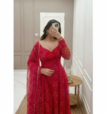 Red Bandhani Style Gown for Women - Traditional Ethnic Party Wear