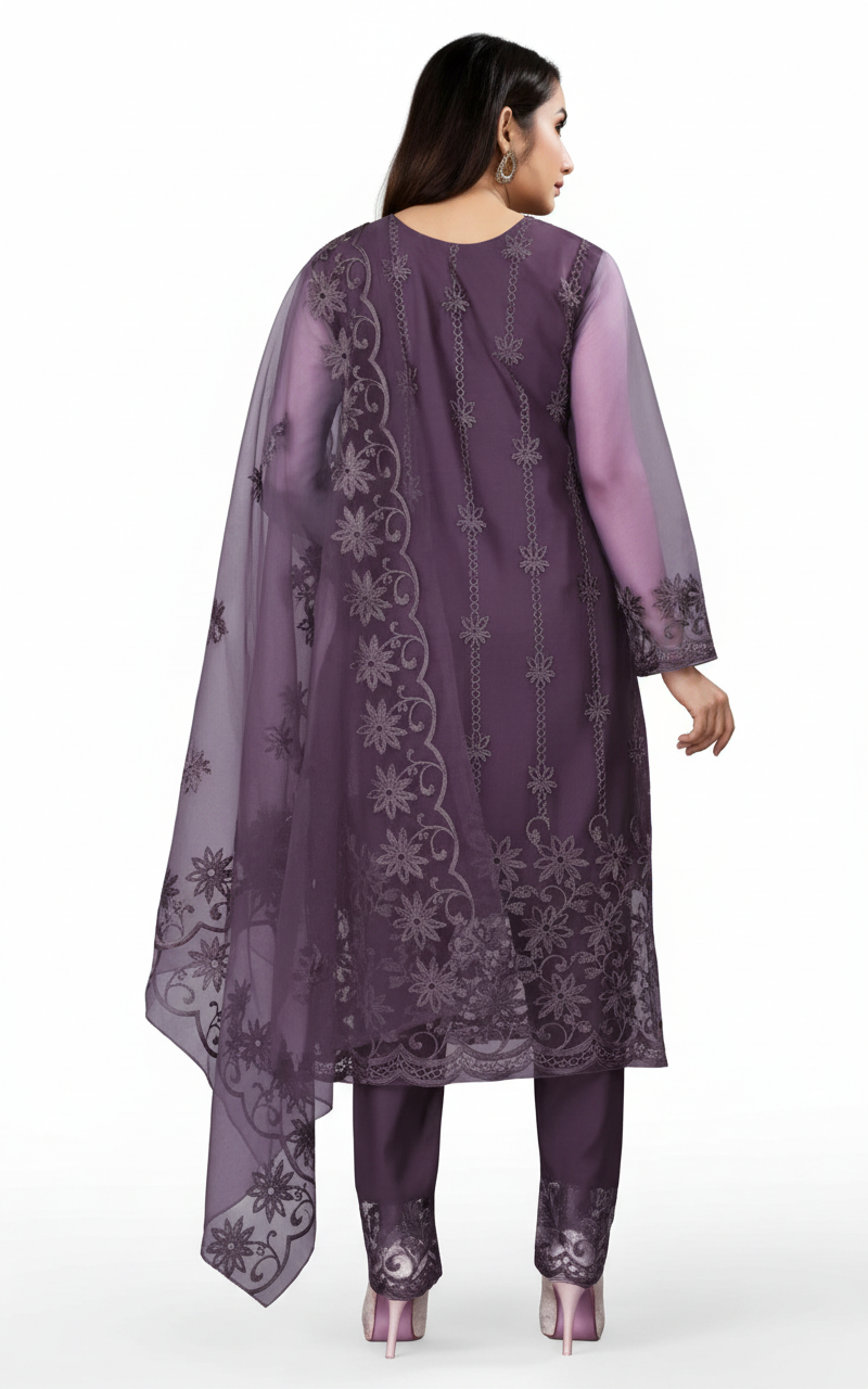 Women's Cotton Kurti Set with Dupatta and Palazzo - 3 Piece Ethnic Dress Purple M