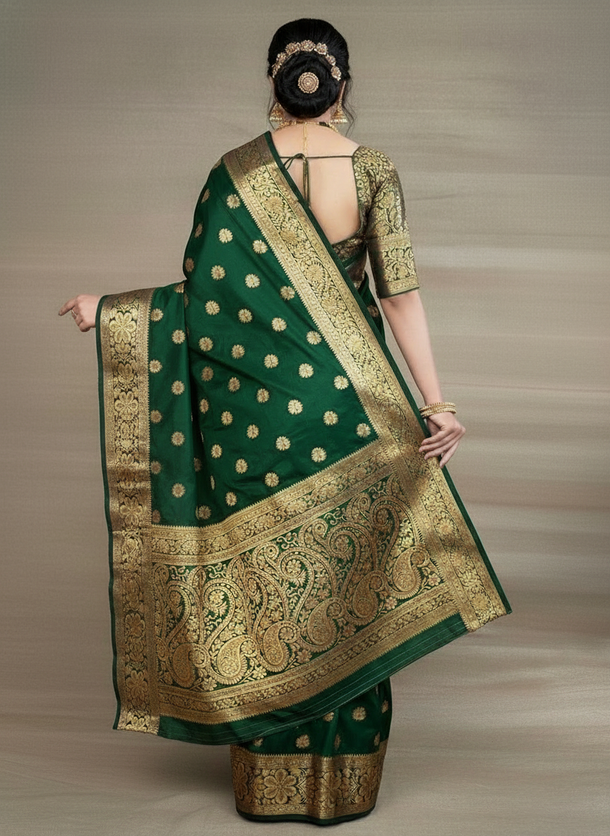 Green Banarasi Silk Woven Saree for Women - Traditional Indian Wedding Saree 6.3m