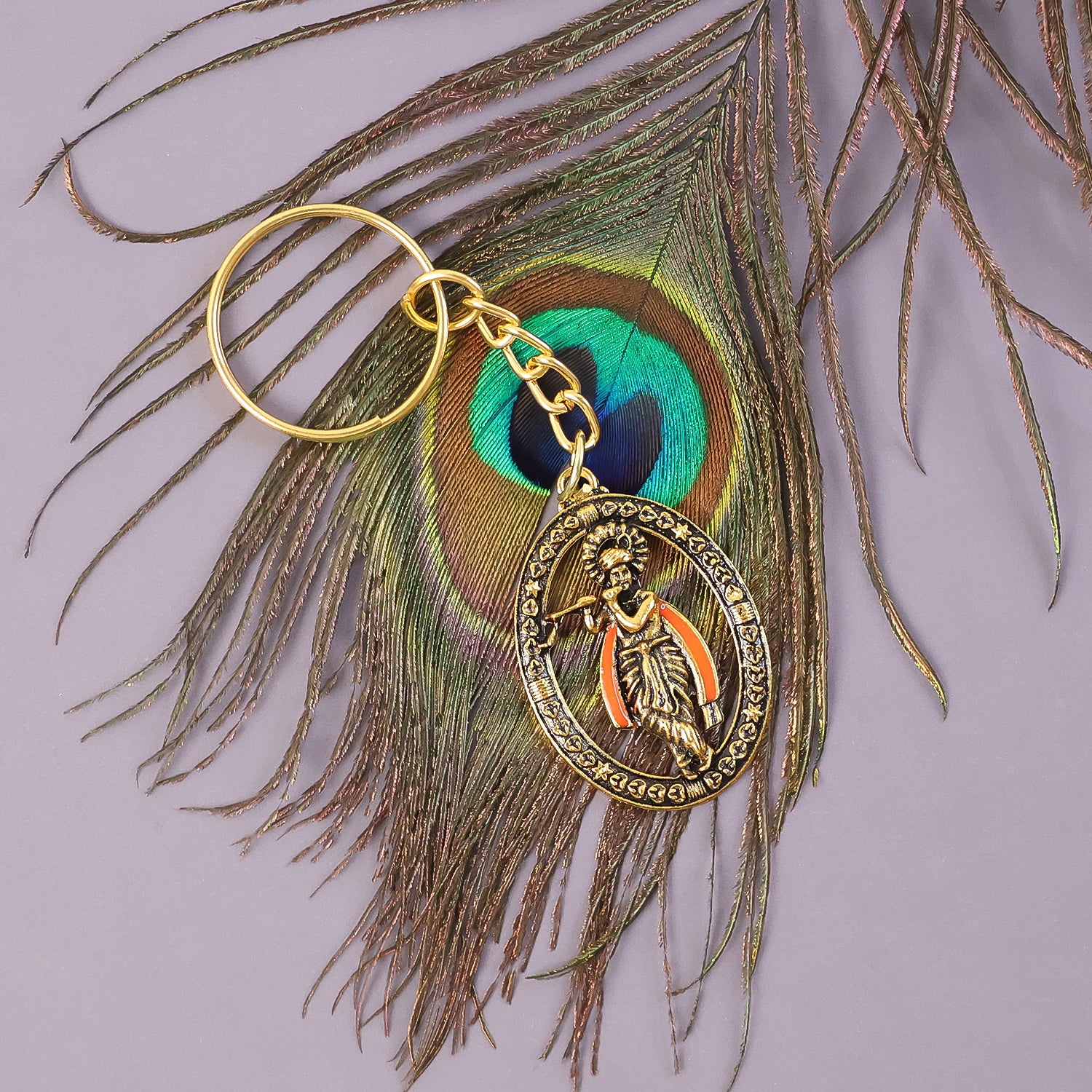 Metal Traditional Lord Krishna Keychain - Decorative Hindu God Keyring for Car, Bike & Keys
