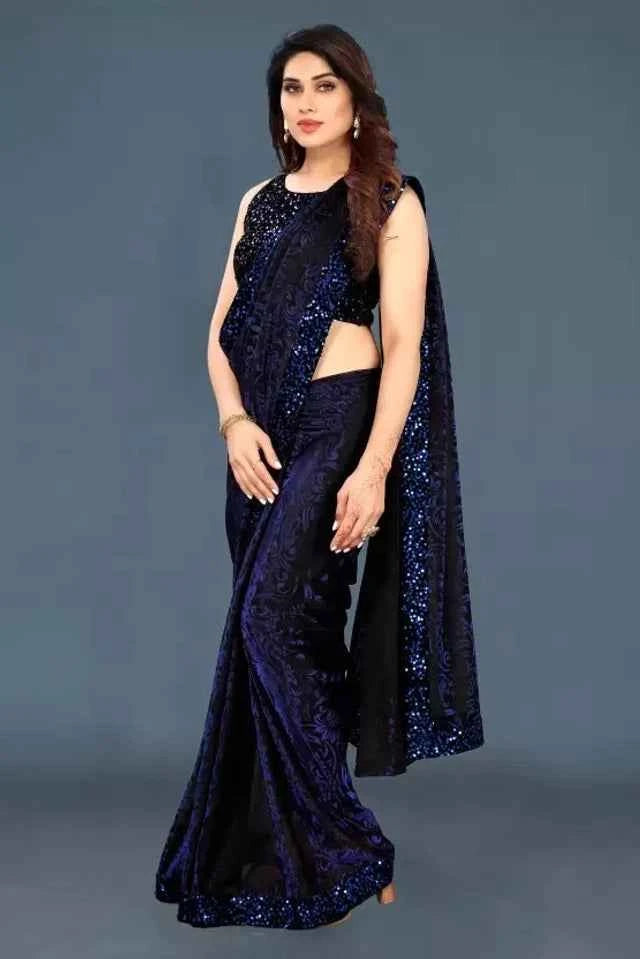 Elegant Navy Blue Lycra Blend Saree for Women - Comfortable Solid Color Saree (6.3M)