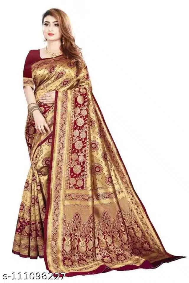 Elegant Golden & Dark Red Banarasi Silk Saree with Blouse - Premium Handloom Wedding Wear