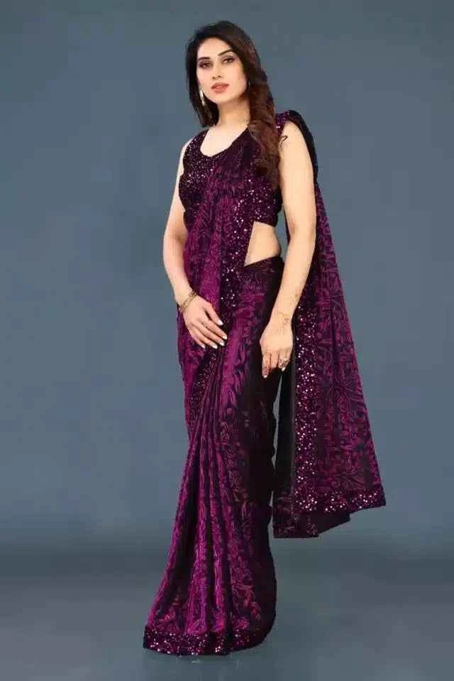 Women's Purple Lycra Sequin Saree - 6.3M Glamorous Party Wear