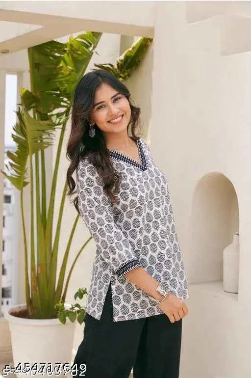 Stylish White Multicolor hand block print cotton kurti for Girls and Women