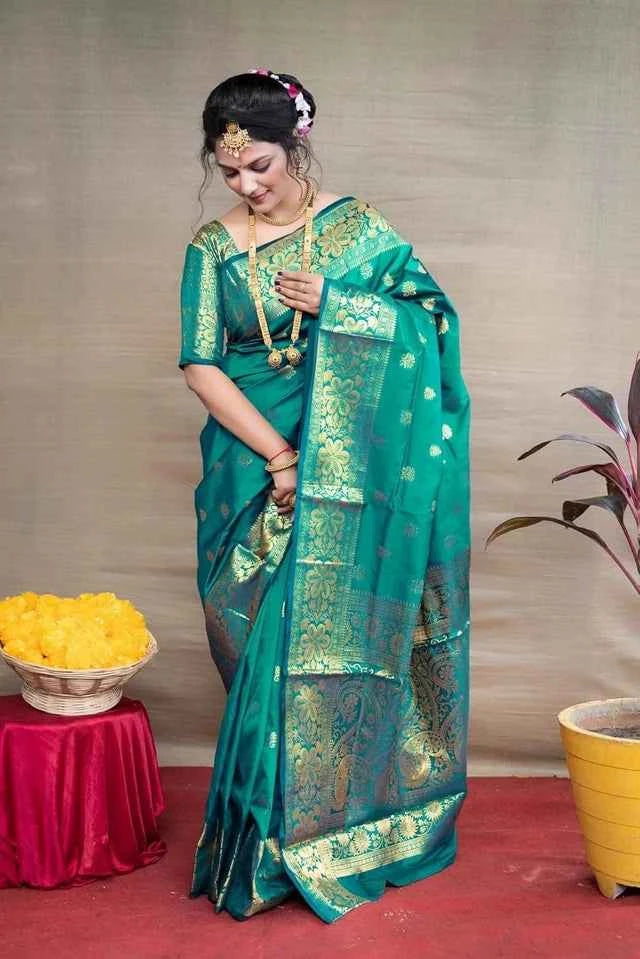 Women's Teal Banarasi Silk Woven Design Saree - 6.3M Premium Traditional Wear
